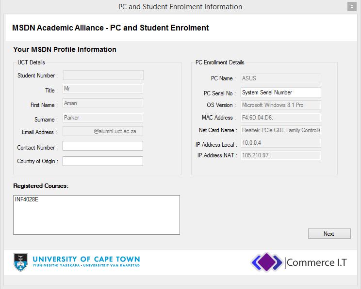 On the PC and Student enrolment screen please provide your contact number (including