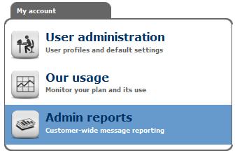Admin reports Run reports on any user in your customer base, filtered by message type, date