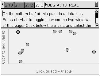 2.13 On the bottom half of this page is a data plot. Press / e to toggle between the two work areas of this page. 23. Move the cursor, click below the x-axis, and select the variable "time". 24.
