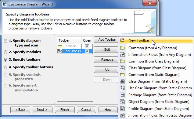 Custom Diagram Wizard Select existing toolbars inherited from base diagram type (for example, see UseCases toolbar in Class diagram subtype).