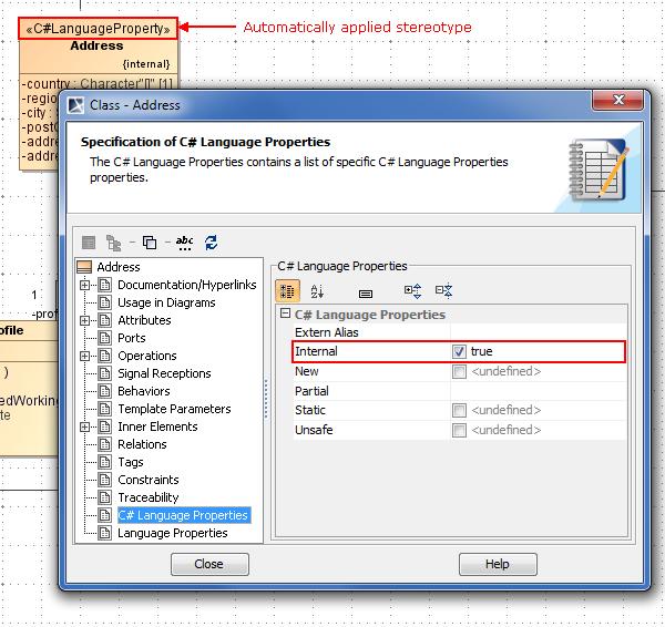 Specify a desired C# property value in the class Specification window and you will see the «C#LanguageProperty» stereotype automatically applied on the class.