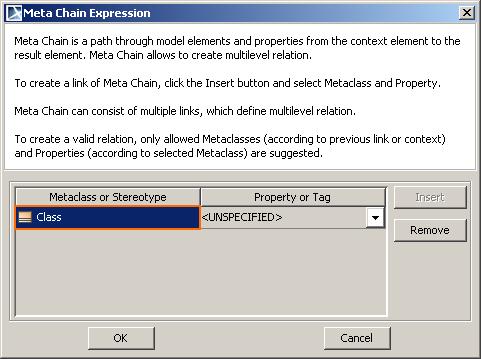 Figure 34 -- Meta Chain Expression dialog for defining links of a meta chain expression Column Metaclass or Stereotype Property or Tag Description A metaclass or a stereotype of a link, contained in