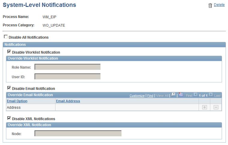 Setting Up Notifications Chapter 3 System-Level Notifications page The Override Notification sections of this page are determined by the options selected on the Notification Registry page.