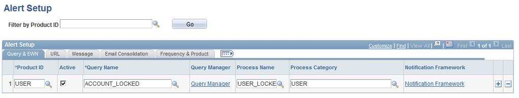 Chapter 5 Creating Alerts Alert Setup: Query & EWN page Active Query Name Query Manager Process Name Process Category Notification Framework Select this check box to activate this PeopleSoft query