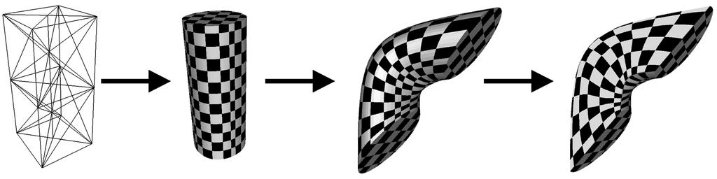 Figure 8: Initial set of tetrahedra, subdivided surface, deformed surface and cut interior. Parameter lines are smooth after deformation. [ZS0] ZORIN D., SCHRODER P.
