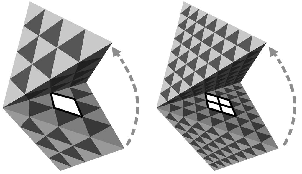 Figure 0: Two face-adjacent tetrahedra subdivided and opened at the shared face. Subdivision generates tet/tet and oct/oct pairs along that face.