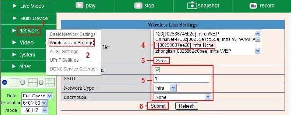 4. Login the camera, click Network > Wireless Lan Settings > Scan, please scan 2 times, then you will find the WLAN from the list, choose the one you use.