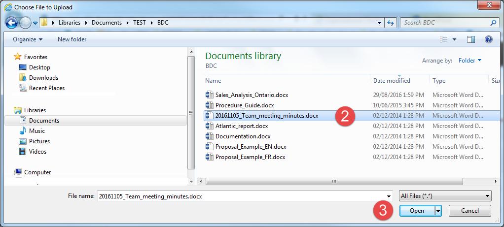 How to upload a document received from a BDC client All documentation received from a BDC client must be uploaded in Office 365 1. In the Actions Bar, click on Upload. 2. A new window opens.