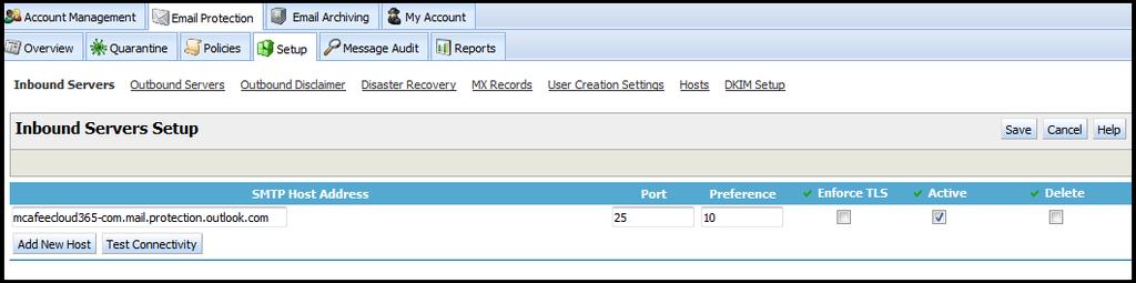 2 Go to the Control Console and configure an inbound server using the value you copied in the SMTP Host Address field. a Select Email Protection Setup Inbound Servers.