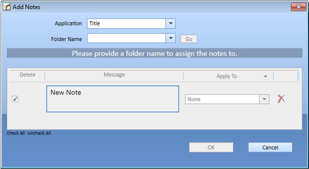 GreenFolders 3.8 User Guide Using the Home Screen Figure: 3-7 Assigning Notes 3. Select the Application from the drop-down list.