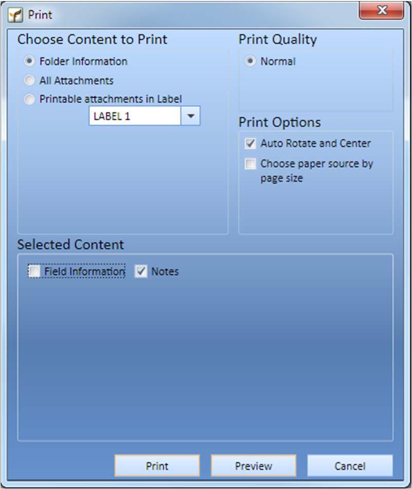 GreenFolders 3.8 User Guide Managing Folders 5.2.4 Printing Notes You can print notes using the steps below. To print all folder notes: 1. Click Print shown at the upper right-hand side of the folder.