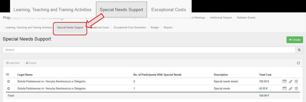 2. Click the menu item "Special Needs Support". The list of Special Needs Support appears.