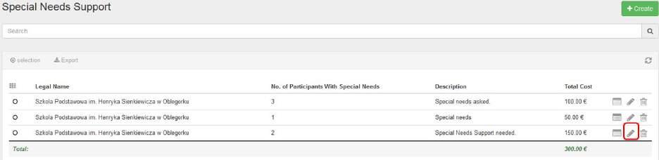 7. Edit "Special Needs Support". To edit a line of Special Needs Support, click the pencil icon, update the data and click on Save. 8. Delete "Special Needs Support".