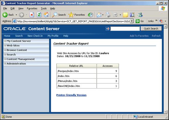 Viewing a Web Site Objects Report Figure 14 3 Content Tracker Report For more information, see Section 14.7, "Viewing a Content Tracker Report." 14.