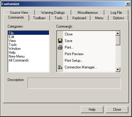 Customize Dialog "Customize Dialog: Toolbars Tab"), you can create a toolbar to display frequently used commands.