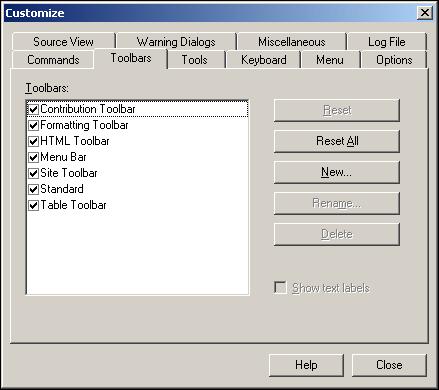 Customize Dialog Figure A 2 Toolbars Tab dialog Element Toolbars Reset Reset All Description Displays a checkbox for each toolbar item in Designer.