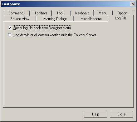 Site Connection Manager Dialog A.1.10 Customize Dialog: Log File Tab Site Studio creates a detailed log file for your site. You can control what is logged and the details of the log on this tab.