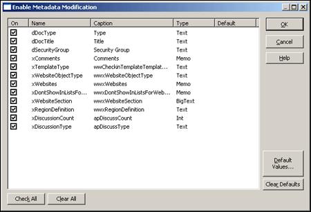 Enable Metadata Modification Dialog A.15 Enable Metadata Modification Dialog You can specify the metadata that is available when you add an asset using the Site Assets pane.