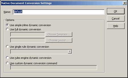 Native Document Conversion Settings Dialog Element Command string OK Cancel Help Description Displays the conversion syntax that is used to convert the native document.