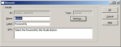 Custom Element Definition Dialog Figure A 47 Custom Element dialog Element ID Name Label Info Type Settings Actions OK Cancel Help Description The identification that Site Studio assigns to the