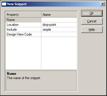 Snippet Properties Dialog Figure A 79 Snippet Properties dialog Element Name Location Include Description The name of the snippet. (The name may contain spaces and special characters, if you like.