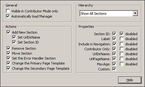 Manager Configuration Settings Dialog Element Custom Properties Description Use to view and change the custom properties for a section.