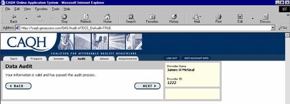 If your credentialing application is error free, you will receive the Data Audit valid screen. Choose Attestation tab.
