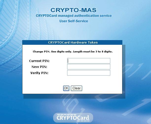 Token PIN Change A KT Token user can change their Server Side, User Changeable PIN at any time. To change the PIN, browse to the User Self-service web page at: http://auth.cryptocard.