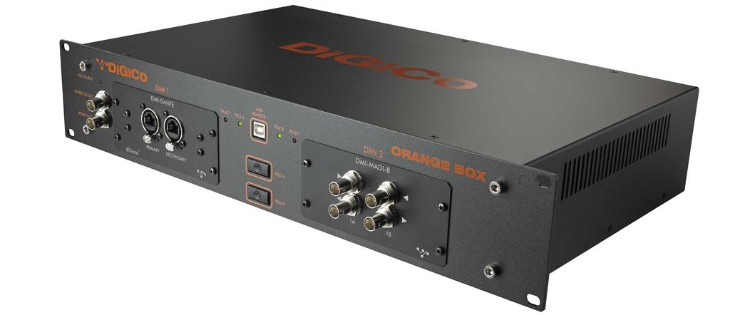 ORANGE BOX HYDRA 2 INTERFACE ORANGE BOX - FRONT VIEW The Orange Box provides audio format conversion between any two of the ten available interfaces using DMI (DiGiCo Multichannel Interface) modules