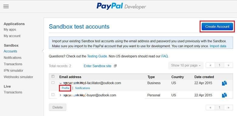Under Sandbox section please click the link Accounts, you can see a list of auto-generated emails associated with your Paypal developer account: If you want a new account, simply click