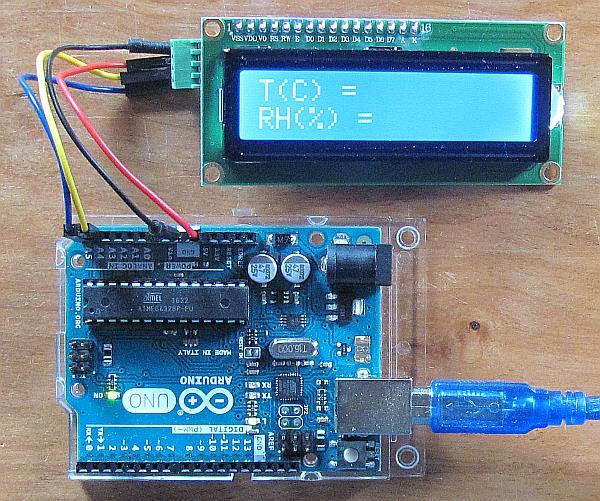h> LiquidCrystal_I2C lcd(0x27,16,2); /LCD address is 0x27 for 16 char, 2 line display char line1[]="t(c) = "; char line2[]="rh(%) = "; int col1,col2; void setup() { Serial.begin(9600); lcd.