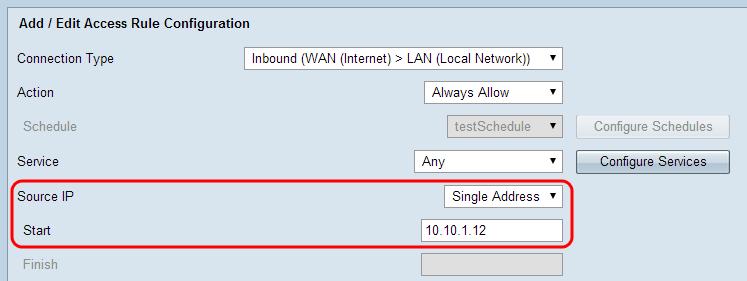 In the Source IP address field, enter the IP address that you wish to permit or deny access.
