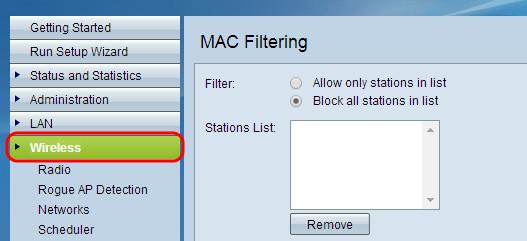 How to authenticate users through MAC address filtering Step 1. Log in to the web configuration utility of your device. Step 2. Find the Wireless Settings section.