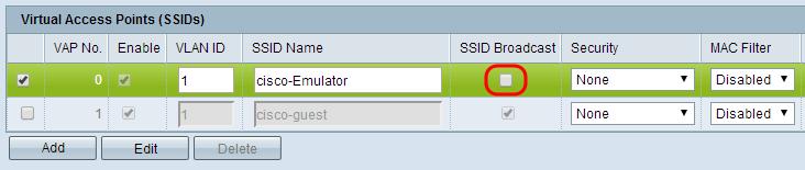 Step 4. Edit the desired entry in the table or list of SSIDs to disable the SSID Broadcast.