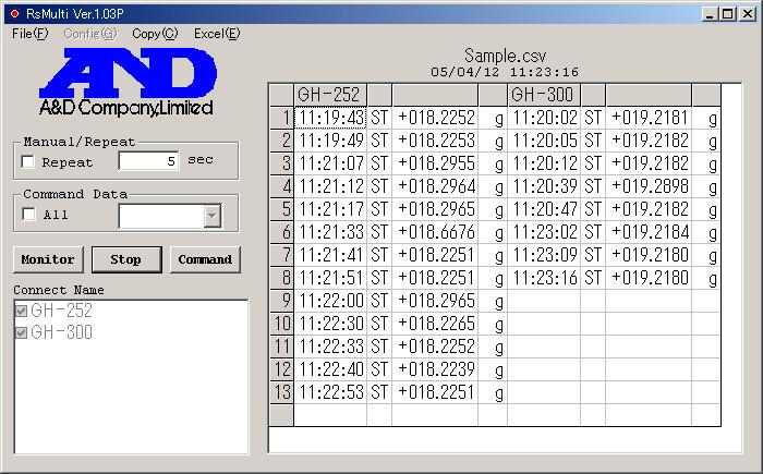 (When used in Key mode, Auto print mode and Stream mode.) Press the [PRINT] key on the weighing instrument to send data. If data is displayed, communication is normally made.