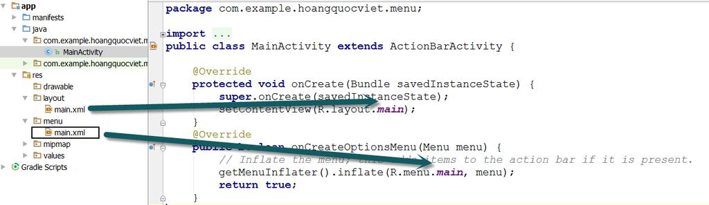 viết phương thức oncreateoptionsmenu (phương thức này được mặc định tạo ra khi bạn tạo một Project Android) - Bước 4: Viết code việc xử lý khi nhấn vào mỗi menu (Nhấn vào Đỏ, Vàng, Xanh).