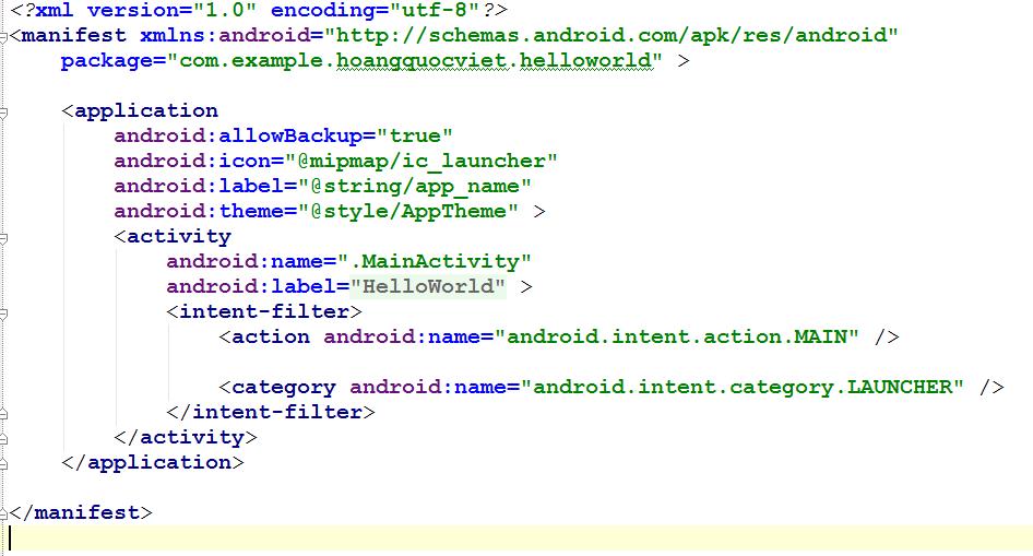 o tab application: định nghĩa thành phần của ứng dụng sử dụng. o android:icon: trỏ đến file ảnh icon của ứng dụng.