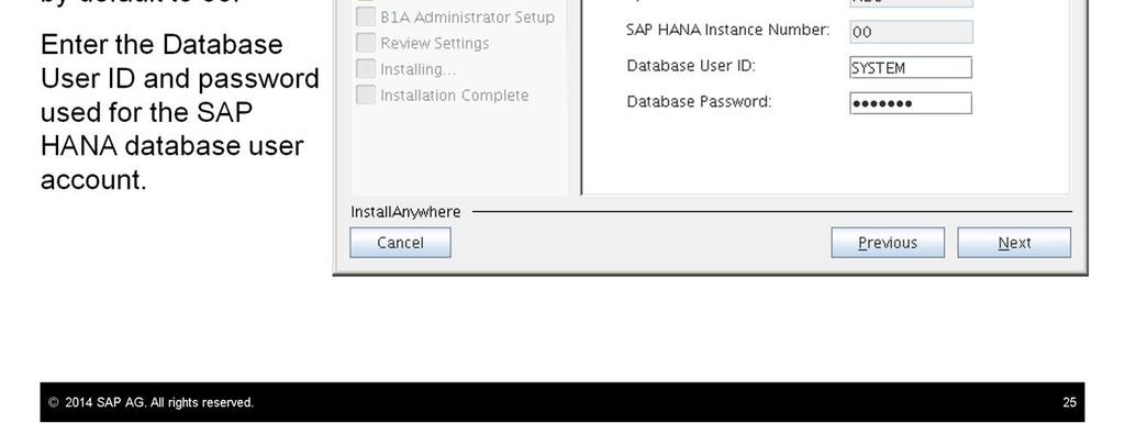 By default, the system ID is set to NDB and the SAP HANA instance number is set to 00.