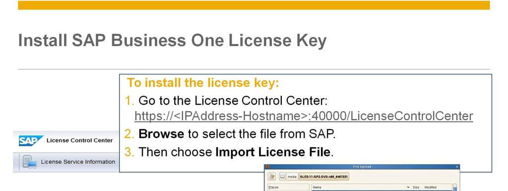 To install the Business One license key: you can navigate directly to the License Control Center by entering the URL.