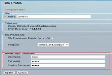 SRST site username/password The enable password is not required, SRST manager uses username and password to do local authentication Configure username and password, requires privilege level 15: