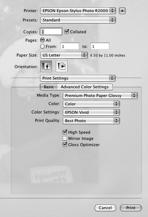 6. Select Print Settings from the pop-up menu. Note: In certain programs, you may need to select Advanced before you can select Printer Settings. For more information about print settings, click the?