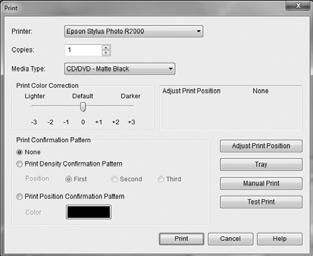 3. When you re ready to print on the disc, open the File menu and select Print. You see one of these windows: Windows Mac OS X 4. Select your Epson printer, if necessary. 5. Click Print.