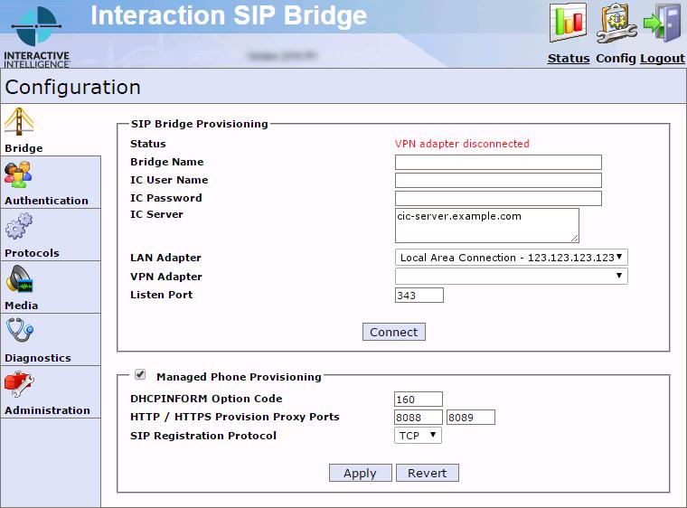 Configure Interaction SIP Bridge through web interface Once you install Interaction SIP Bridge on the computer in the remote agent network, do the following steps to configure Interaction SIP Bridge: