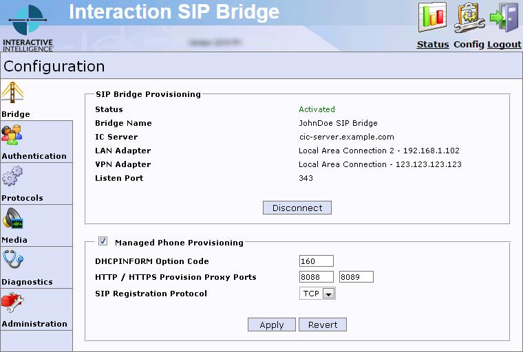 Configuration Bridge page Control Usage Status Bridge Name IC Server LAN Adapter VPN Adapter Listen Port This character string displays the current operational state of Interaction SIP Bridge.