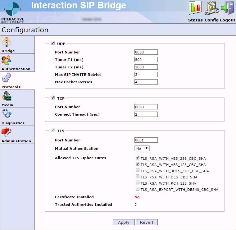 Configuration Protocols page Control Usage UDP check box Port Number Timer T1 (ms) Enable this check box to if you to give Interaction SIP Bridge the ability to send SIP messages using the UDP