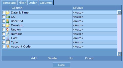 8. Check the columns you would like to remove from the report. For this example the report should contain only the Date & Time, User/Ext, Duration, Number and Cost columns.