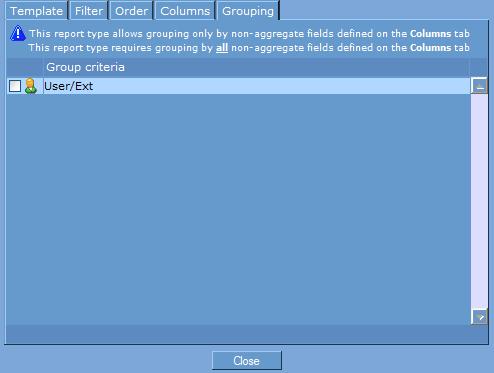 6. Next, press the Grouping tab located on the top of the report template dialog. The Grouping options should now be visible on your screen.