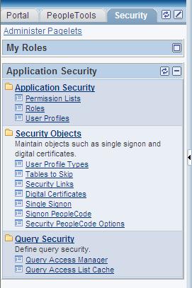 Chapter 4 Using PeopleSoft Application Pages Pagelet area showing the My Roles and Application Security pagelets This table describes the icons that can appear in the pagelet area header or in