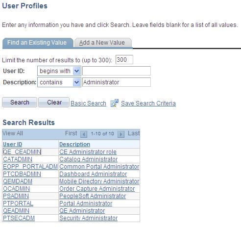 Chapter 3 Using Keys and Search Pages Advanced Search page showing a search where Description contains Administrator When browsing through a large number of search results, use the browser scroll bar