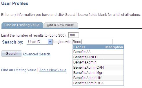Using Keys and Search Pages Chapter 3 Autocomplete drop-down list showing user profiles that begin with the letters 'Bene' Prompt Fields All prompt fields are autocomplete capable.